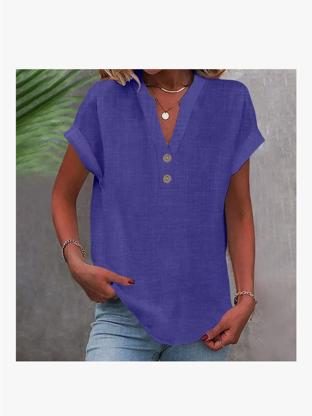 Casual V-Neck Short Sleeve Blouse in Purple
